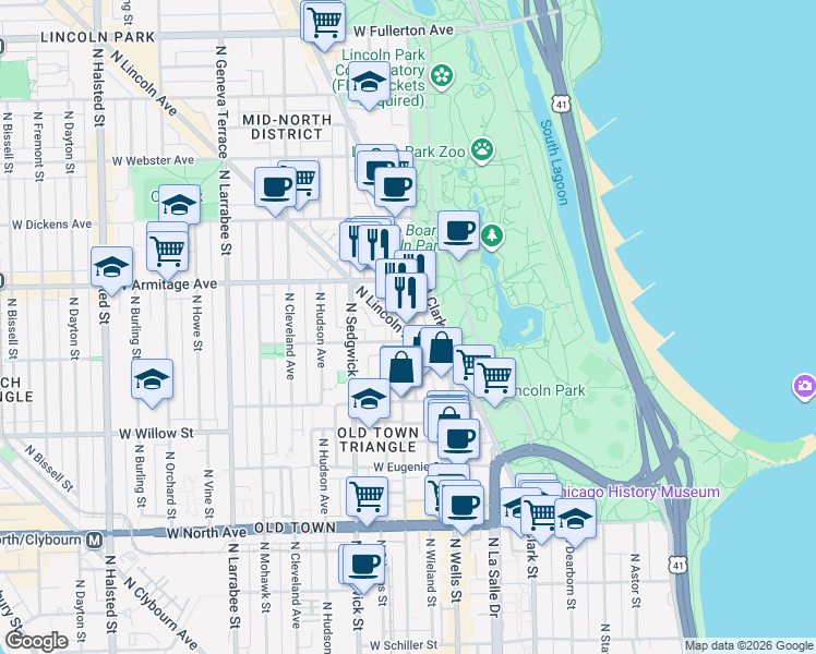 map of restaurants, bars, coffee shops, grocery stores, and more near 1936 North Clark Street in Chicago