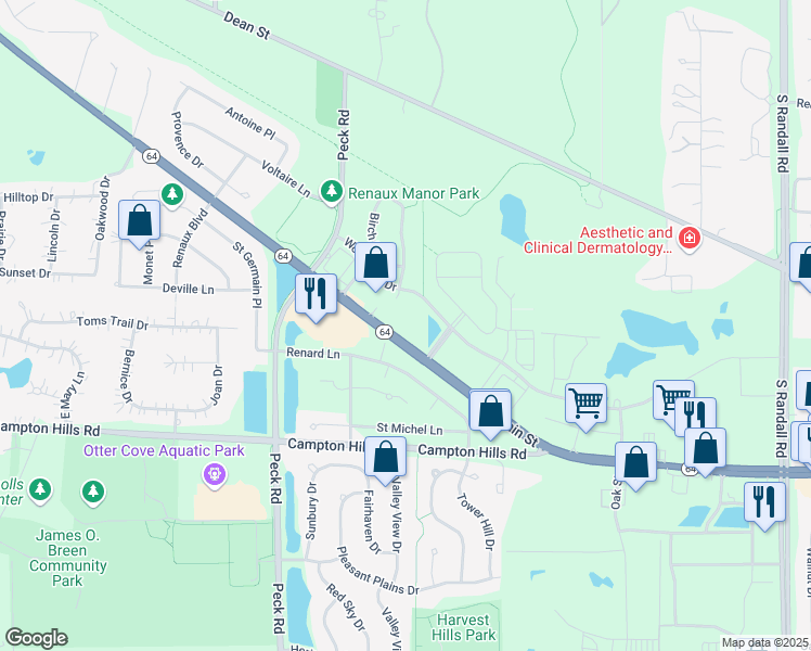 map of restaurants, bars, coffee shops, grocery stores, and more near 3122 West Main Street in St. Charles