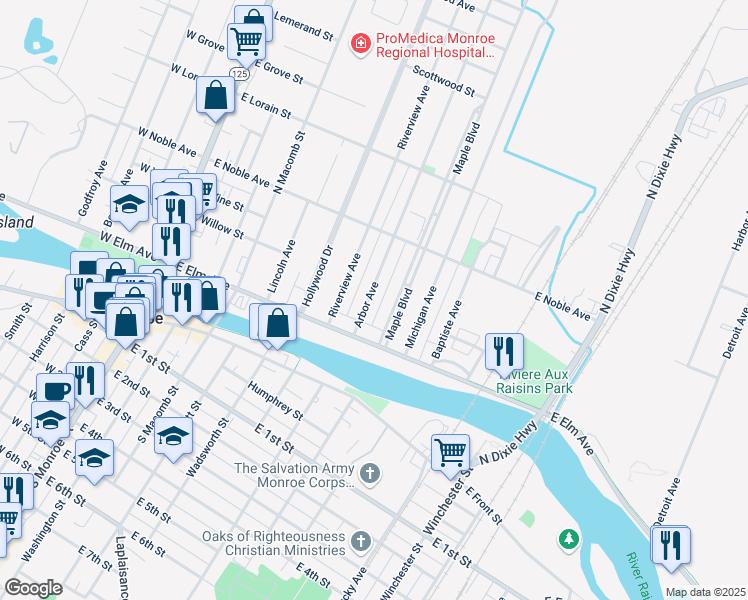 map of restaurants, bars, coffee shops, grocery stores, and more near 229 Arbor Avenue in Monroe