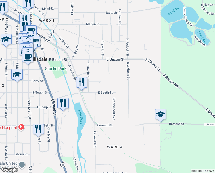 map of restaurants, bars, coffee shops, grocery stores, and more near 253 East South Street in Hillsdale