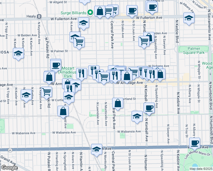 map of restaurants, bars, coffee shops, grocery stores, and more near 3640 West Armitage Avenue in Chicago