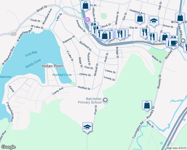 map of restaurants, bars, coffee shops, grocery stores, and more near 67 Birdsall Street in Winsted