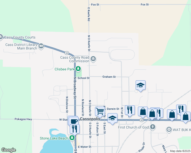 map of restaurants, bars, coffee shops, grocery stores, and more near 508 Graham Street in Cassopolis