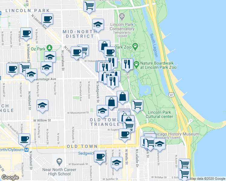 map of restaurants, bars, coffee shops, grocery stores, and more near 1936 North Clark Street in Chicago