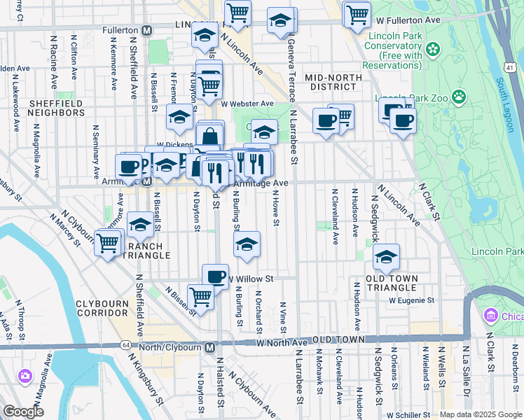 map of restaurants, bars, coffee shops, grocery stores, and more near 1950 North Howe Street in Chicago