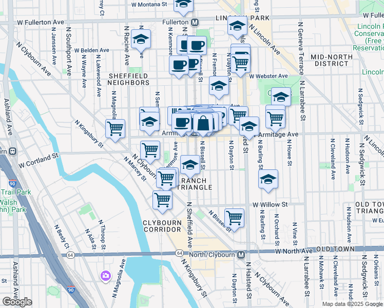 map of restaurants, bars, coffee shops, grocery stores, and more near 919 West Armitage Avenue in Chicago