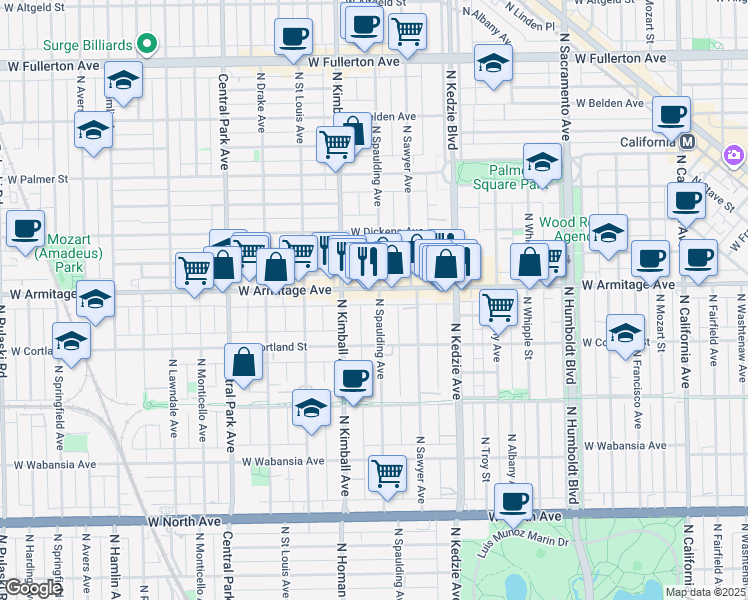 map of restaurants, bars, coffee shops, grocery stores, and more near 3316 West Armitage Avenue in Chicago