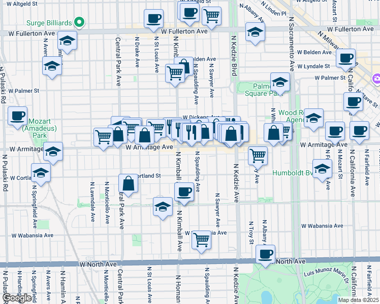 map of restaurants, bars, coffee shops, grocery stores, and more near 3316 West Armitage Avenue in Chicago