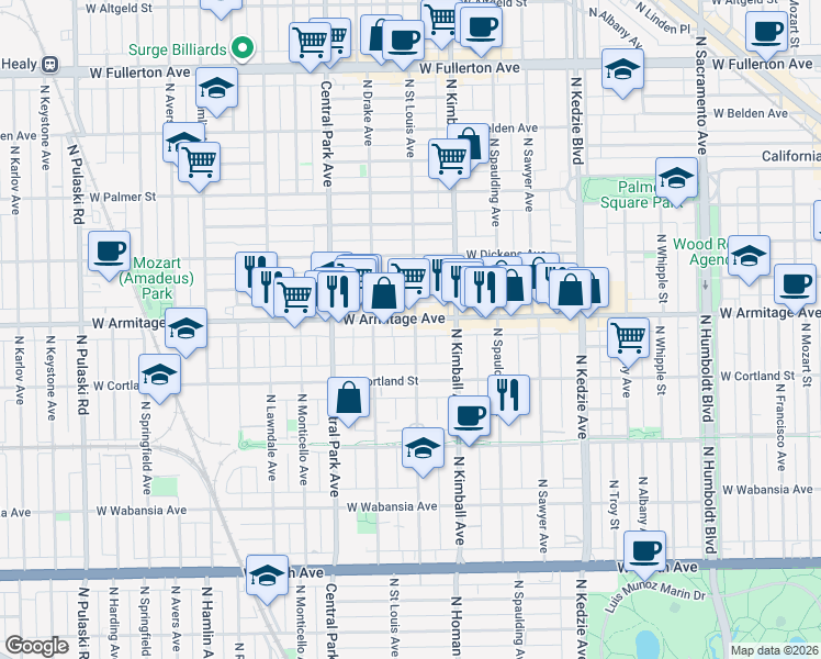 map of restaurants, bars, coffee shops, grocery stores, and more near in Chicago