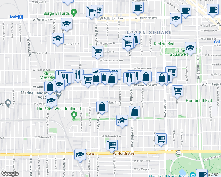 map of restaurants, bars, coffee shops, grocery stores, and more near 3552 West Armitage Avenue in Chicago