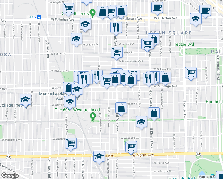 map of restaurants, bars, coffee shops, grocery stores, and more near 17 North Central Park Avenue in Chicago
