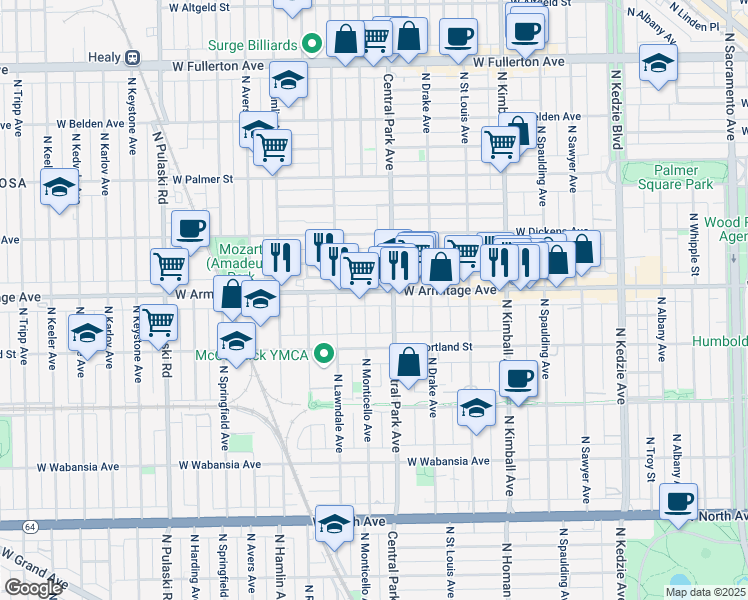 map of restaurants, bars, coffee shops, grocery stores, and more near 17 North Central Park Avenue in Chicago
