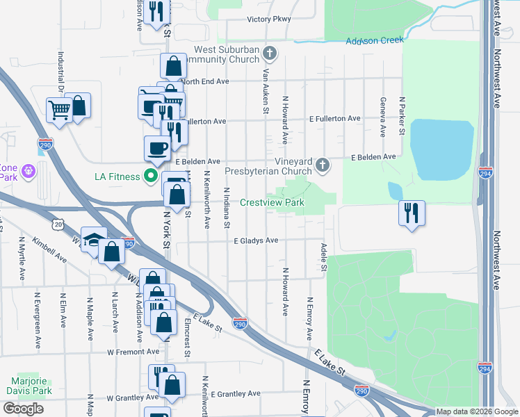 map of restaurants, bars, coffee shops, grocery stores, and more near 213 Crestview Avenue in Elmhurst