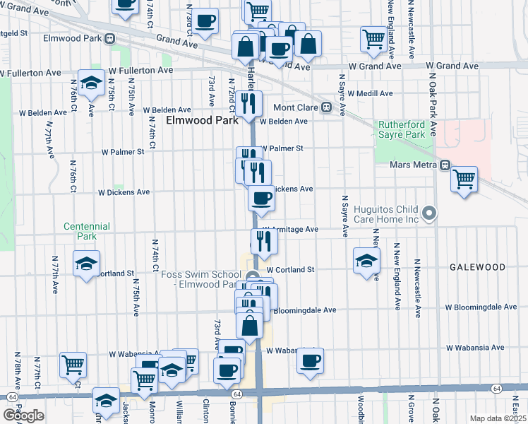 map of restaurants, bars, coffee shops, grocery stores, and more near 2023 North Harlem Avenue in Chicago