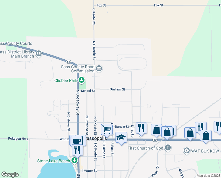 map of restaurants, bars, coffee shops, grocery stores, and more near 508 Graham Street in Cassopolis