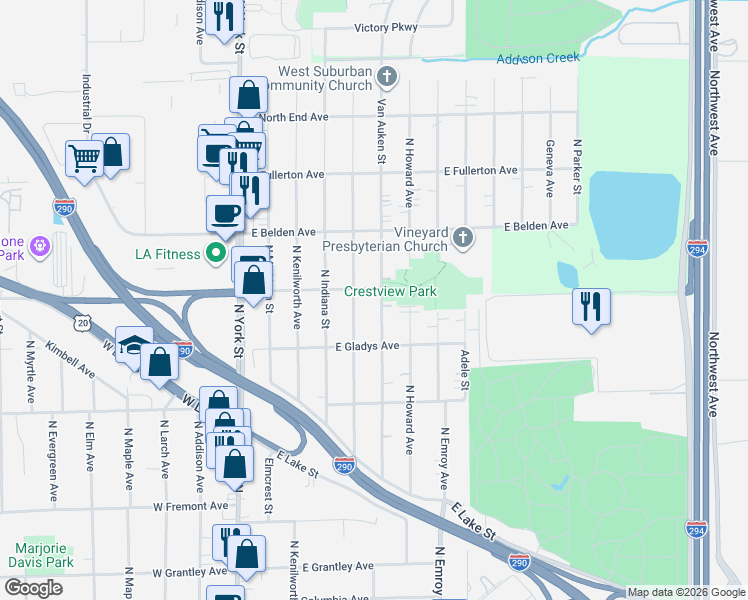 map of restaurants, bars, coffee shops, grocery stores, and more near 213 Crestview Avenue in Elmhurst