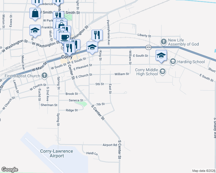 map of restaurants, bars, coffee shops, grocery stores, and more near 532 East Street in Corry