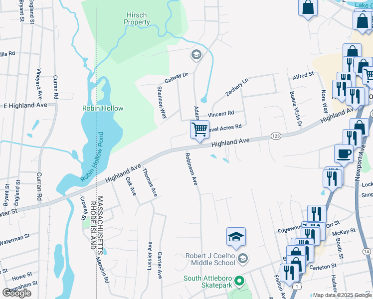 map of restaurants, bars, coffee shops, grocery stores, and more near 4 Robinson Avenue in Attleboro