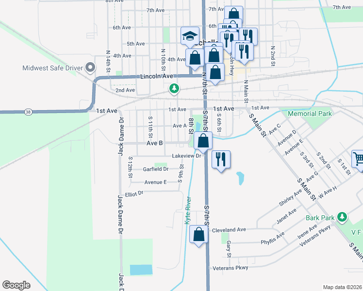 map of restaurants, bars, coffee shops, grocery stores, and more near 226 South 9th Street in Rochelle