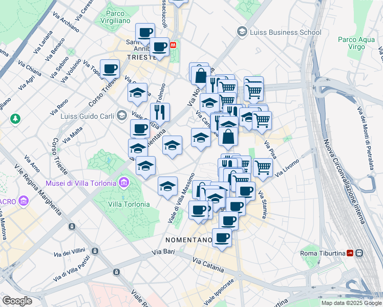 map of restaurants, bars, coffee shops, grocery stores, and more near 2-8 Via Giuseppe Baracconi in Rome