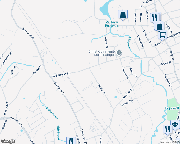 map of restaurants, bars, coffee shops, grocery stores, and more near 214 Eldridge Street in Taunton