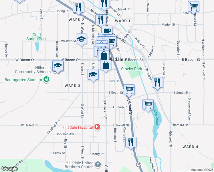 map of restaurants, bars, coffee shops, grocery stores, and more near 62 Barry Street in Hillsdale