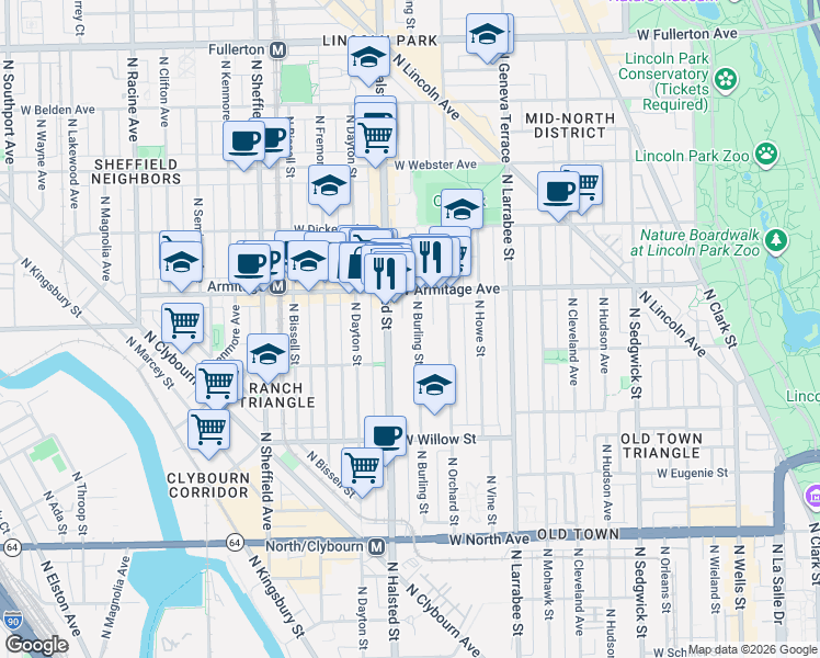 map of restaurants, bars, coffee shops, grocery stores, and more near 1932 North Burling Street in Chicago