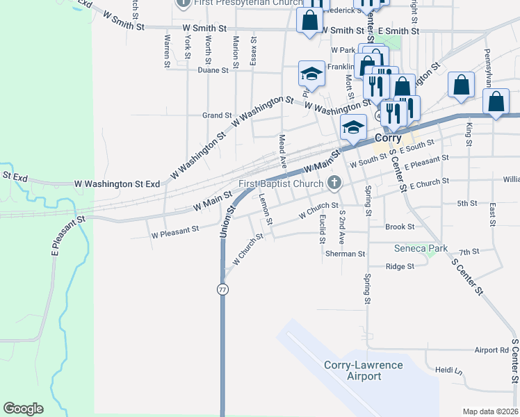 map of restaurants, bars, coffee shops, grocery stores, and more near 121 Lemon Street in Corry
