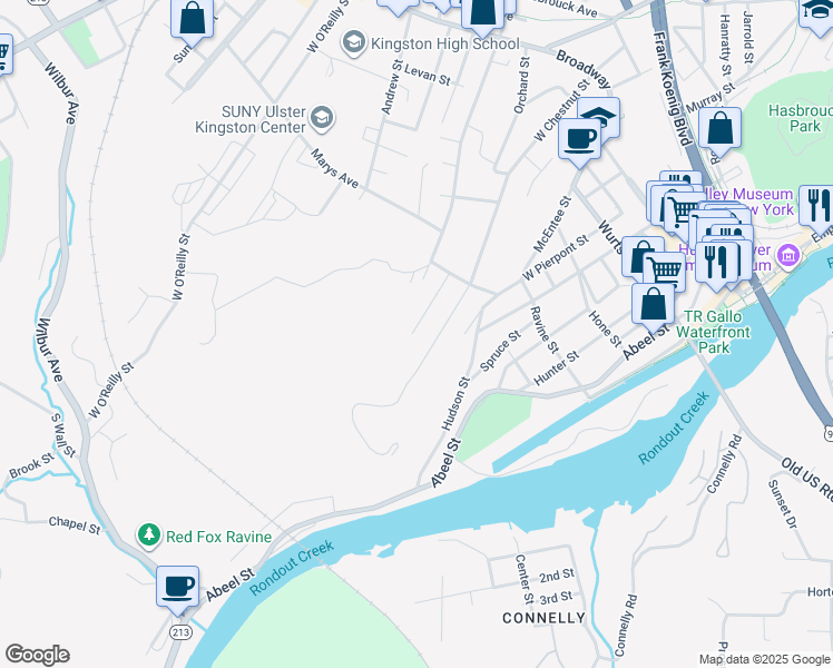 map of restaurants, bars, coffee shops, grocery stores, and more near 60 New Street in Kingston