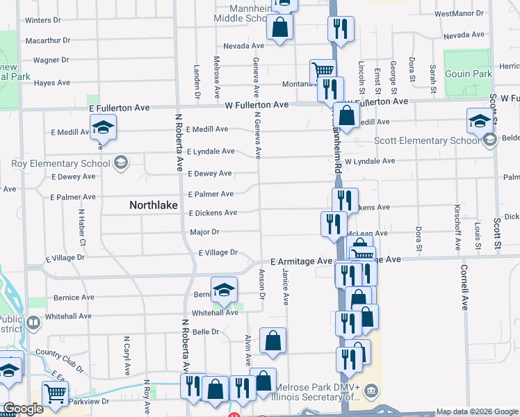 map of restaurants, bars, coffee shops, grocery stores, and more near Dickens Ave & Geneva Ave in Northlake