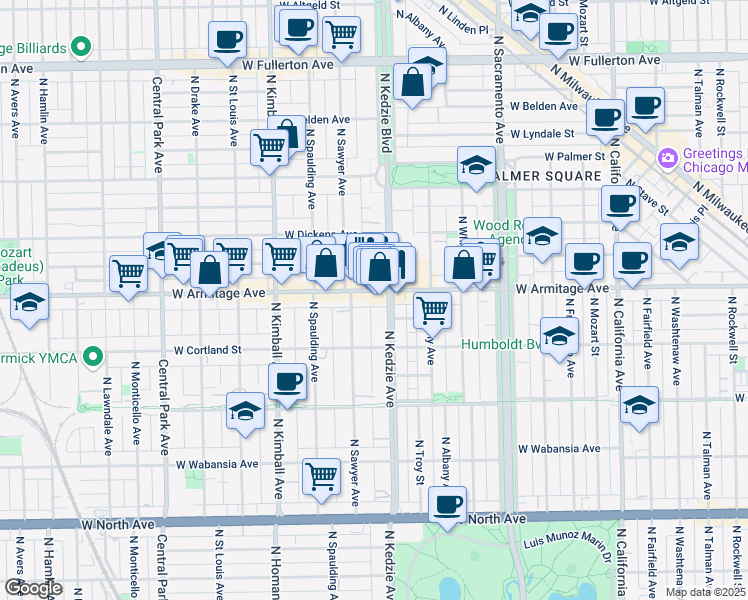 map of restaurants, bars, coffee shops, grocery stores, and more near 3222 West Armitage Avenue in Chicago