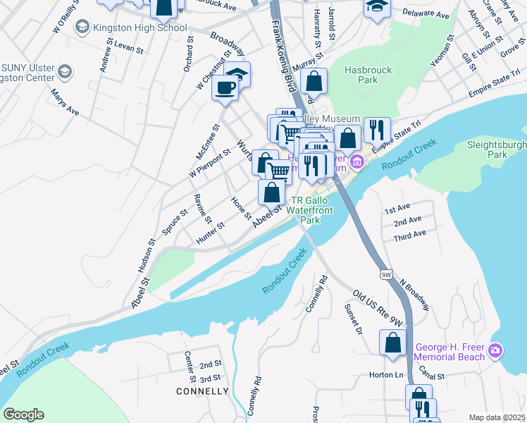 map of restaurants, bars, coffee shops, grocery stores, and more near 79 Abeel Street in Kingston