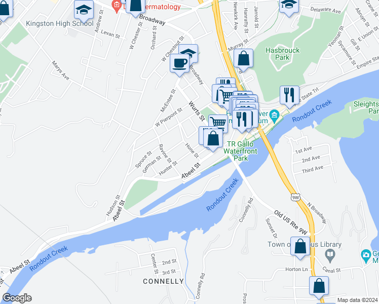 map of restaurants, bars, coffee shops, grocery stores, and more near 78 Hunter Street in Kingston