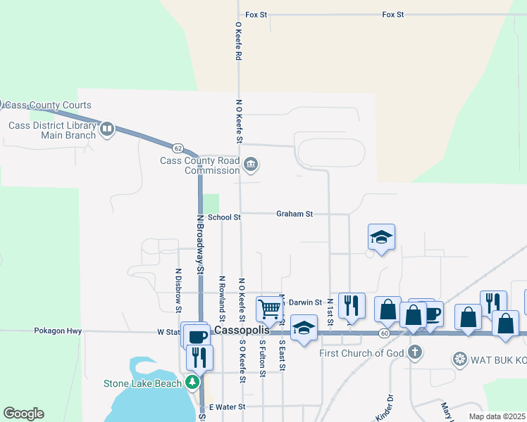 map of restaurants, bars, coffee shops, grocery stores, and more near 508 Graham Street in Cassopolis