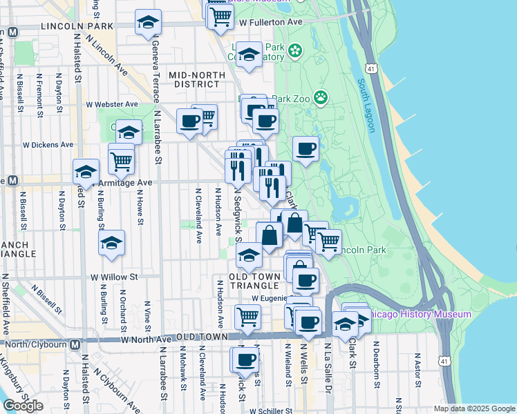 map of restaurants, bars, coffee shops, grocery stores, and more near 1939 North Lincoln Avenue in Chicago