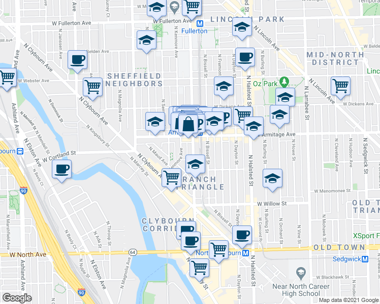 map of restaurants, bars, coffee shops, grocery stores, and more near in Chicago
