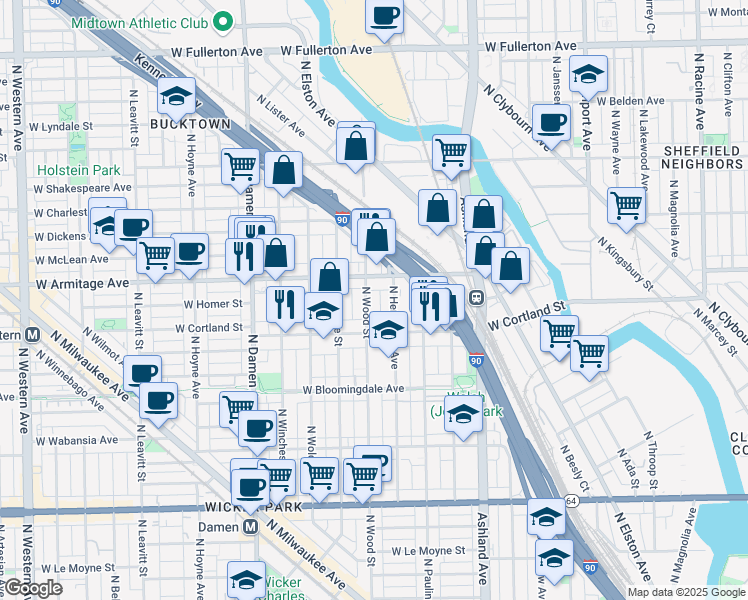 map of restaurants, bars, coffee shops, grocery stores, and more near 1751 West Armitage Avenue in Chicago