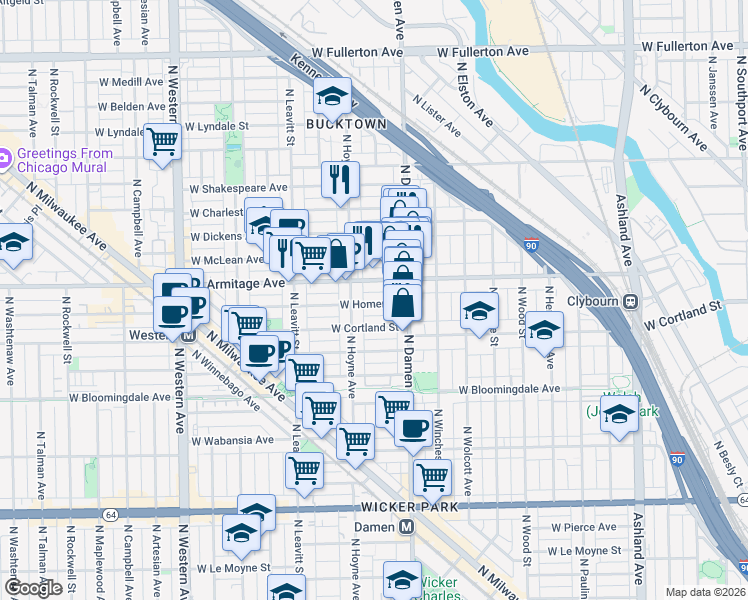 map of restaurants, bars, coffee shops, grocery stores, and more near 2047 West Armitage Avenue in Chicago