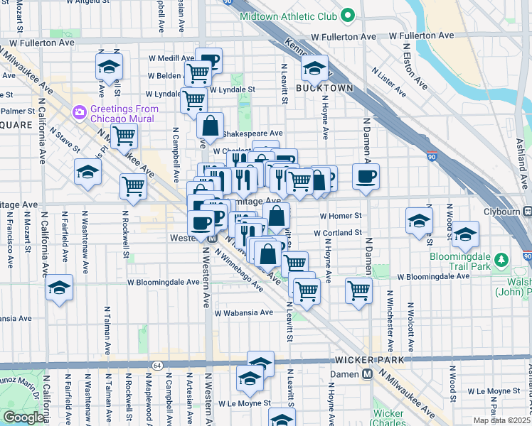 map of restaurants, bars, coffee shops, grocery stores, and more near 2237 West Armitage Avenue in Chicago