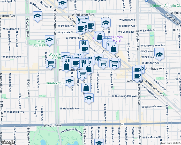map of restaurants, bars, coffee shops, grocery stores, and more near 2728 West Armitage Avenue in Chicago