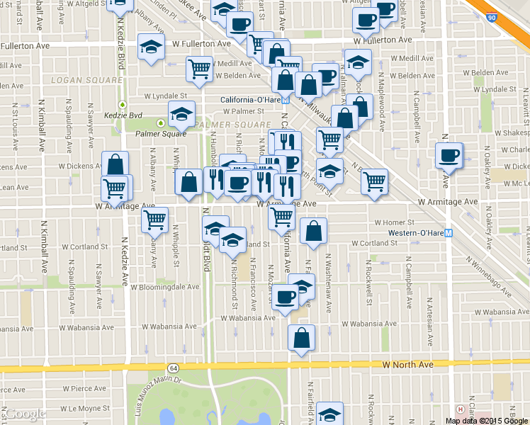 map of restaurants, bars, coffee shops, grocery stores, and more near 2842 West Armitage Avenue in Chicago