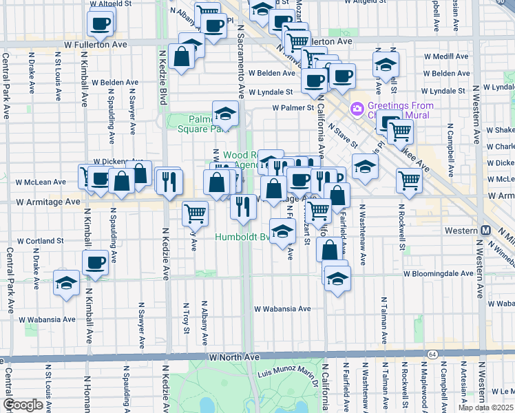 map of restaurants, bars, coffee shops, grocery stores, and more near in Chicago