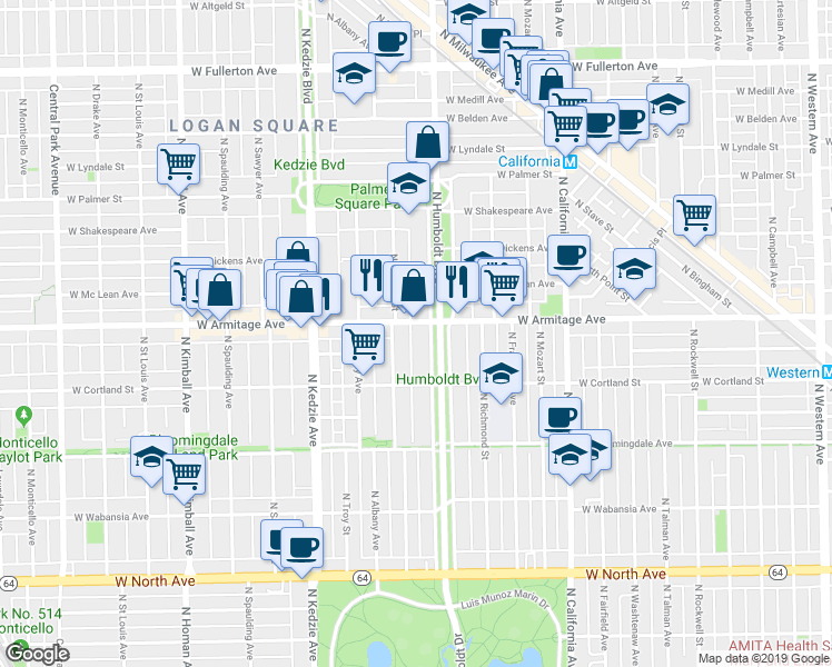 map of restaurants, bars, coffee shops, grocery stores, and more near in Chicago