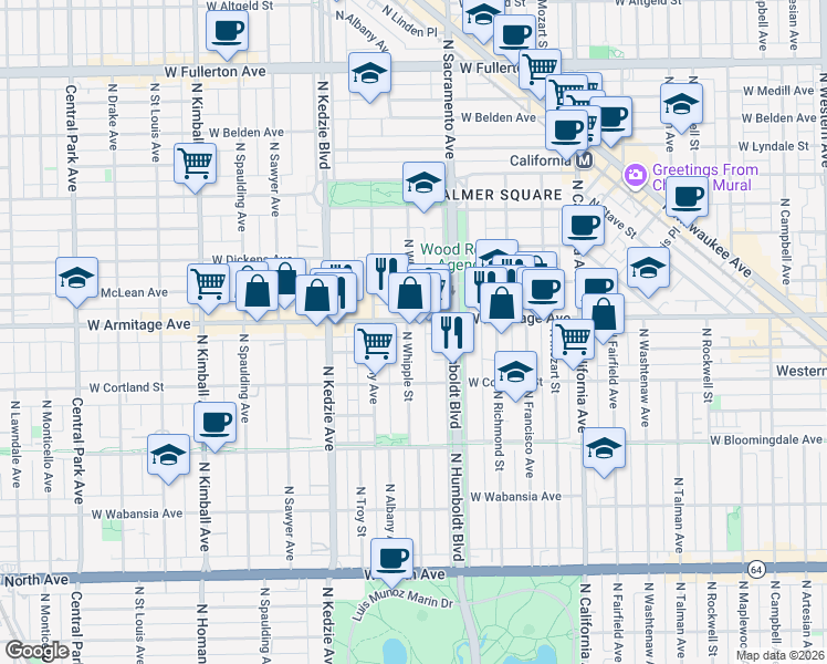 map of restaurants, bars, coffee shops, grocery stores, and more near in Chicago