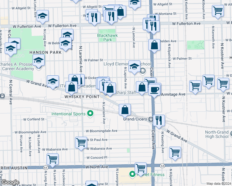 map of restaurants, bars, coffee shops, grocery stores, and more near 2014 North Lavergne Avenue in Chicago