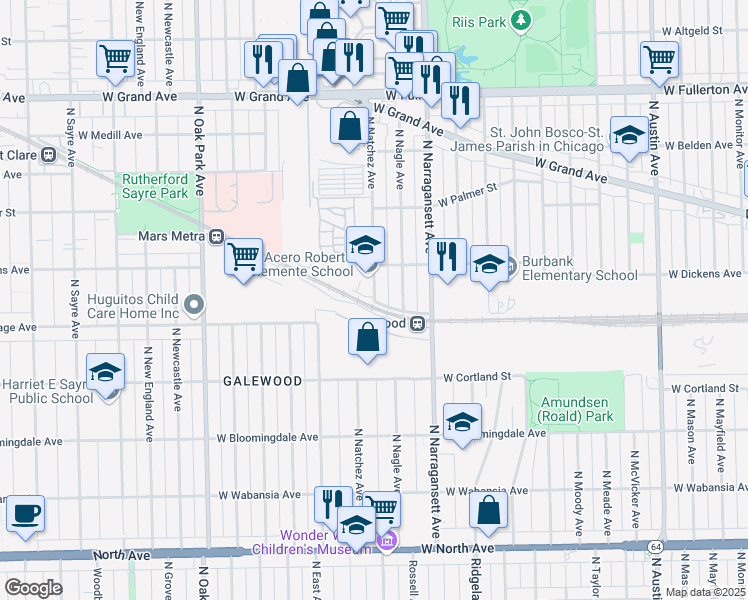 map of restaurants, bars, coffee shops, grocery stores, and more near 2039 North Natchez Avenue in Chicago
