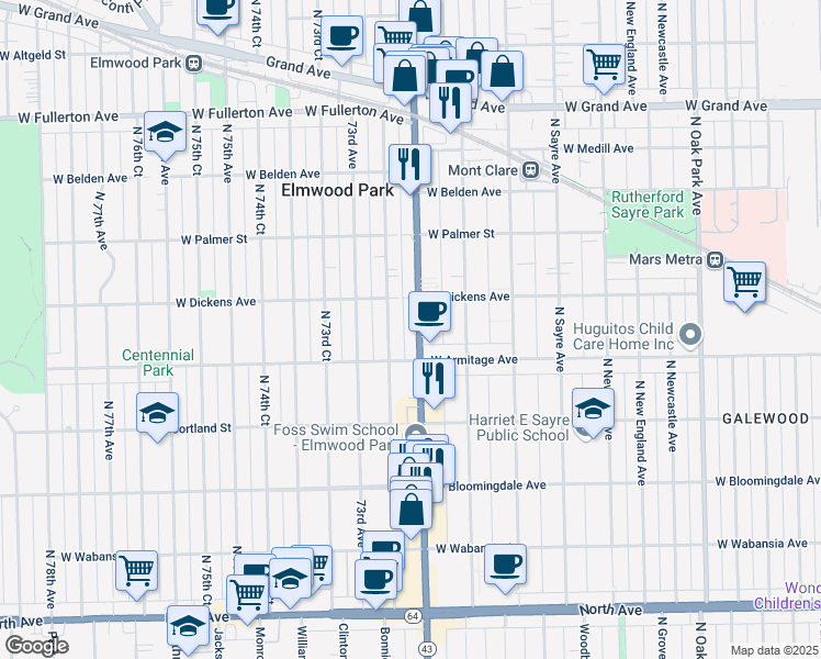 map of restaurants, bars, coffee shops, grocery stores, and more near 2035 North 72nd Court in Elmwood Park