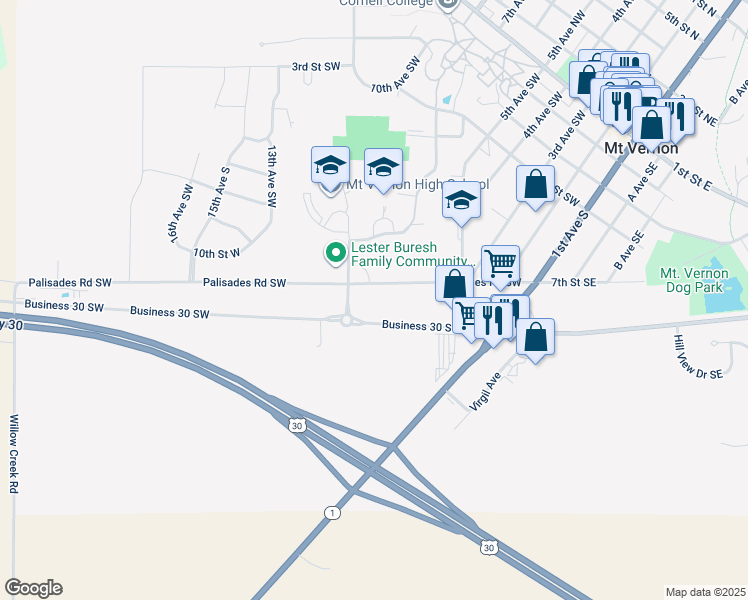 map of restaurants, bars, coffee shops, grocery stores, and more near 514 Palisades Road Southwest in Mount Vernon