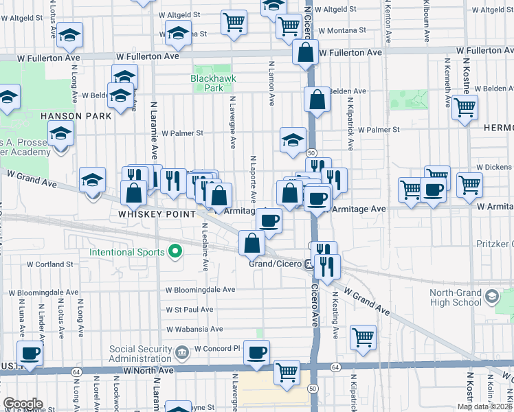 map of restaurants, bars, coffee shops, grocery stores, and more near in Chicago