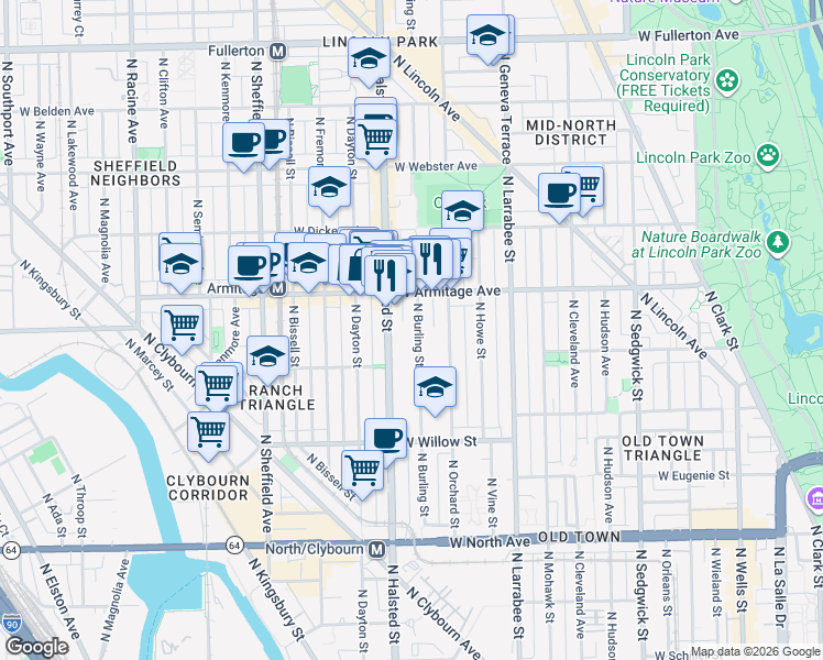 map of restaurants, bars, coffee shops, grocery stores, and more near 1932 North Burling Street in Chicago
